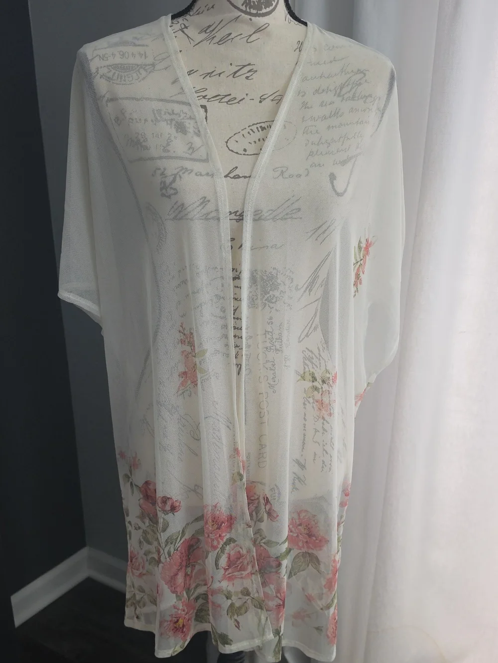 Sheer Floral Kimono Cover-Up - White with Pink Roses